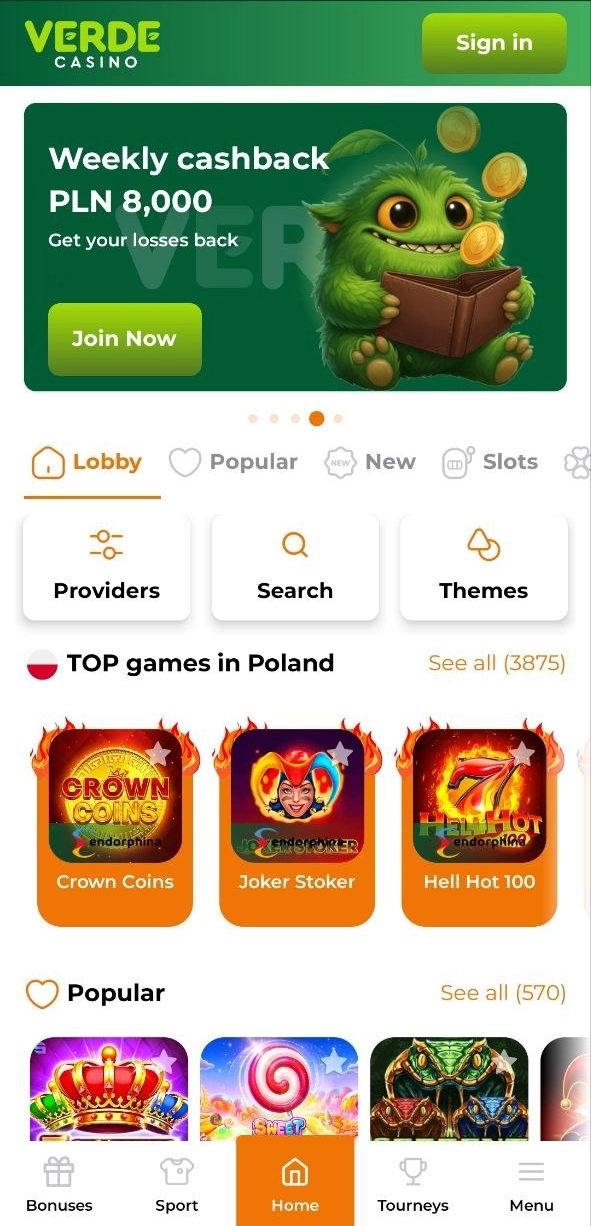 Verde Casino App home screen